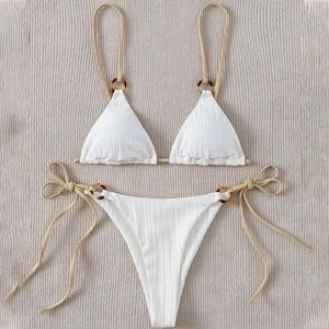 2 PCSSET Summer Bikini Set Solid Color Spaghetti Strap Hoop Classic Women Swimsuit для водных видов спорта 240426