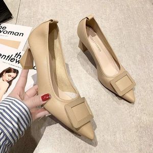 Dress Shoes Comfortable Soft Sole High Heel Women 2024 Spring Fashion Square Buckle Pointed Head Not Tired Feet Thick Heels