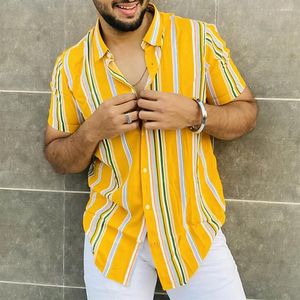Camisas casuais masculinas Moda de verão listrada botão de manga curta de lapela streetwear Hawaiian Basic Bouse Classic For Men Polyster