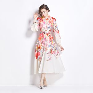 Holiday Style Women's Floral Printed Dress, Single-breasted Party Dress With Belt, Stand Collar, Long Sleeve