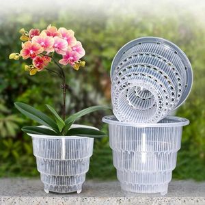 Pflanzer Pots 4pcs Hydroponic Meshpot Plastik Orchidtöpfe Wurzel Kontrolle transparenter Blumentopf Porosität Blütenpots mit Tablett Home Dekoration