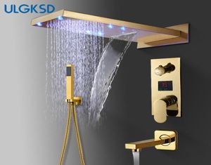 Ulgksd badrum duschkran leds gyllene mässing vattenfall regn duschhuvud väggmontering och kallt vattenblandare tap3313263