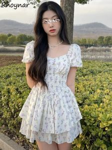 Abito in vita alta Donne Summer Floral Sweet Square Collar Manica Sfugo Principessa Terna Terna Elegante Corea in stile Corea Preppy Chic 240425