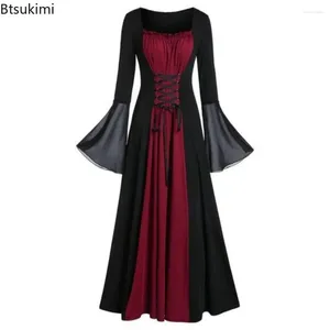 Casual Dresses Medieval Costume For Women Punk Style Women's Trumpet Sleeve Patchwork Dress Elegant Females Fashion Vintage Gothic Long