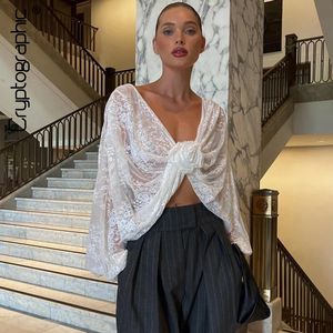 Cryptographic Floral Applique Hollow Out Wrap Lace Top for Women Elegant Club Party Batwing Sleeve Sexy Croped Tops Pullover 240422