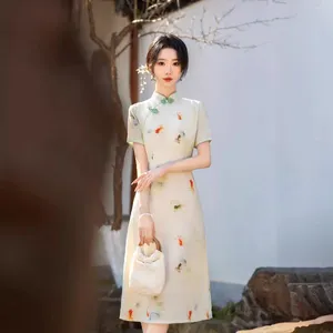 Etniska kläder traditionella kinesiska vintage kvinnor cheongsam klassisk handgjord knapp qipao tryck blomma rayon klänningar