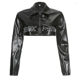 Women's Jackets Jacket PU Leather Short Crop Top Zip Up Long Sleeve Coat Letter Print Harajuku 2024 Spring Summer Fashion Streetwear Black