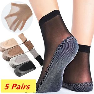 Women Socks 5Pairs Skin Black Silk Transparent Thin Breathable Summer Mesh Non-Slip Bottom Short Stretch Ankle Sock