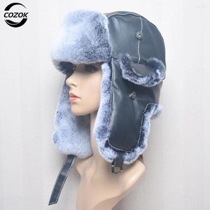 Berets Sell Man Real Fur Bomber Hats Men Winter Warm Fluffy Natural Rex Hat Russian Male Sheepskin Leather Caps