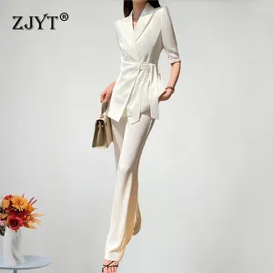 Женские брюки с двумя частями Zjyt кружев Blazer Suits Sets Sets 2 Женщины куртка с половиной рукава и брюки настройки белой одежды весна летние работы