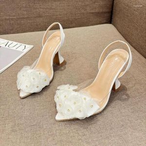 Sandals Summer Women's High-heeled Pointed-toe Wine Glass Heels White Flower Straps Empty Back Single Shoes Party