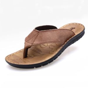 Summer shoes mens slippers genuine leather mens flip flat mens sandals holiday anti slip black khaki A673 240426