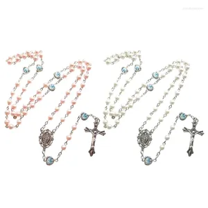 Chains Pink Pearl-Rosary Beads Catholic Necklace Holy Medal-Cross-Christian Long Chain For Women And Men Jewelry