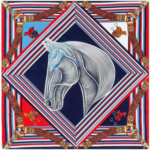 130cm Twill 100% Silk Square Scarf Women Brand Scarf Shawl Fashion Line Horse Head Bandana Design Pashmina Scarves Beach Towel 240416