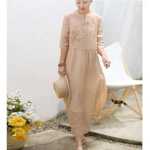 Party Dresses Cotton Linen Original Women's Clothing Literary Embroidery Mandarin Collar Long Dress Summer Light