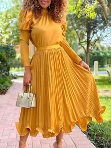 Work Dresses Women Two Pieces Dress Sets Solid O Neck Puff Sleeve Top Long A -Line Pleated Skirt Formal Business Office Suits 2024 Fall