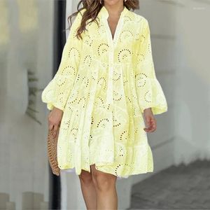 Casual Dresses Spring Autumn Solid Women Party Simple Creativity Brodery Hollow Out Elegant Loose Female A-Line Dress
