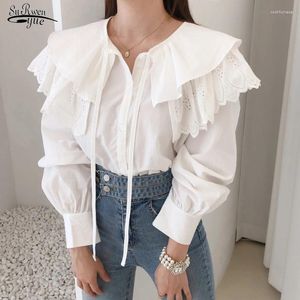 Women's Blouses Vintage Casual Elegant Tops Chic Embroidered Hollow Double-layered Doll Bow Tie Sweet Shirt Solid Long Sleeve Women Shirts