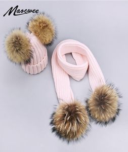 Pom Pom Hat Scarf Women Kids Winter Acrylic Beanies Hats Real Fur Pompon Hat Cap Girl Warm Sticked Solid Pink White Hats Scarves Y6723573