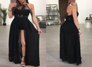 Sexy Black Split Prom Dresses See Through Halter Evening Party Gowns Lace Applique Chiffon Formal Occasion Dress5441549