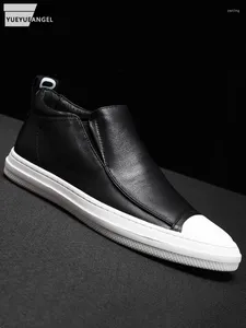 Casual Shoes Mens High Top Sneakers Slip-On äkta läder fast färg gata hiphop manlig höst vinter platt