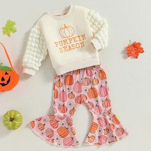 Clothing Sets Halloween Toddler Children Girl Pant Autumn Clothes Long Sleeve Letter Tops Cartoon Pumpkin Flare Pants Baby Items