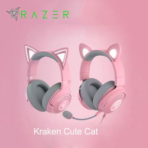 Razer kraken söta katt hörlurar e-sport spel headset med mikrofon 7.1 surroundljud rgb belysning trådbunden för pc PS4-brusavbrytande hörlurar