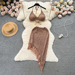 Work Dresses Holiday Style Two Piece Set Women's Bikini Hanging Neck Tank Top Versatile Tassel Half Skirt Knitted