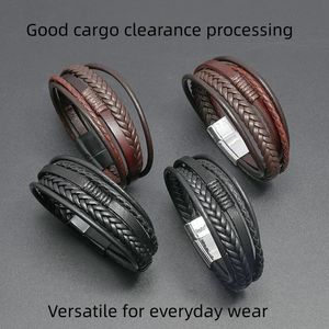 Fashionable leather bracelet for mens multi-layer woven rope bracelet for mens bracelet jewelry Pulsera Hombre 240426