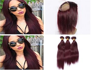 Virgin Peruvian Burgundy Human Hair 3Bundles With 360 Frontal 4Pcs Lot Straight 99J Wine Red 360 Lace Band Closure With Extension9903726