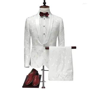 Herrenanzüge 2024 Italienische Herren weiße Blumen ein Knopf Dinnerparty Bräutigam Smoking Groomsmen 2 Stück Set Hochzeitsanzug Kostüm Homme