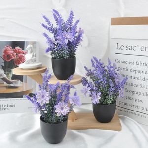 Decorative Flowers 3PC 7.87 Inch Simulation Purple Lavender Combination Mini Potted Plant With Black Pot No Need To Water Bookshelf Office