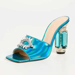 Sandali blu iridescente aperta apertura quadrata cristallo tallone decorativo