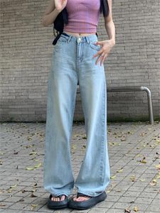 Kvinnors jeans främmande kitty ljusblå kvinnor chic rak löst daglig smal mujer 2024 casual mopping byxor sommarkontor lady denim