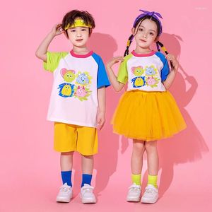 ステージウェアガールズヒップホップ衣類Tシャツクロップトップストリートダンススカートボーイズショーツキッズジャズ服セットチアリーディングストリートウェア