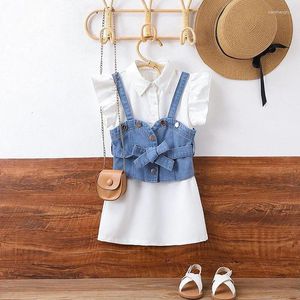 衣類セット幼児の女の子2PCSサマー服フルルスリーブボタンシャツデニムタンクトップセットキッド服