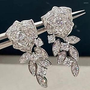 Dangle Earrings Custom Solid 10K White Gold Women Stud Drop Flower Moissanite Diamonds Wedding Party Engagement Anniversary