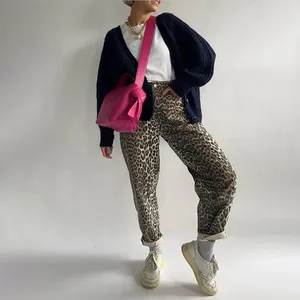 Calça feminina feminina feminina leopardo de perna larga perna larga para as calças elásticas da cintura elástica de arranha