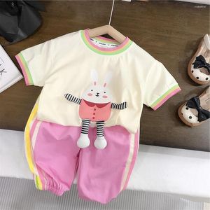 Set di abbigliamento per bambini pantaloni estivi schede cartoni animati t-shirt in alto in vita rosa larghi 2 pezzi per bambini abiti casual