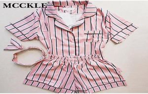 McCkle Kadın Çizgili Sevimli Baskı Pijama Setleri Gömlek ve Şortlar 2 Parça Setleri Nightwear Kadın Kız Kısa Kollu Pijama Pijamas8709658