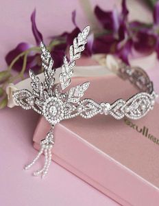 1920 -talets vintage hårtillbehör Pearl Crystal Crown New Great Gatsby Headpiece Jewelry Wedding Bridal Leaf Poadband med band2892264