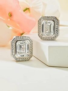 Stud Earrings White Diamond Set In Pure Silver With Emerald Cut Light Luxury Elegant And High-end Wedding Jewelry