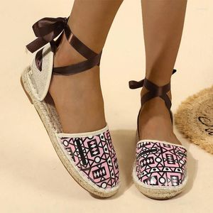 Sandals Print Random Rome Shoes Summer Flats Shallow 2024 Designer Brand Walking Dress Casual Cross Lace Up Lady