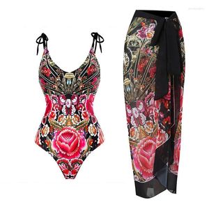 Women's Swimwear 2024 Sexy One Piece Swimsuit Shoulder Strappy Deep V Print Floral Women Backless Bathing Suit Beach Wear