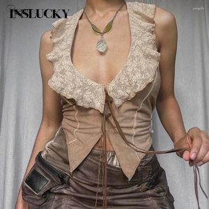 Kvinnors tankar Inslucky Vintage Lace Up Splicing Bandage Backless Sling Tank Women Sexig beskuren topp ärmlös V Neck Vest Tribal Style