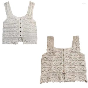 Women's Tanks Buttons Front V Neck Sleeveless Knits Sweater Vests Hollow Out Crochets Crop Top Cardigans Shirt