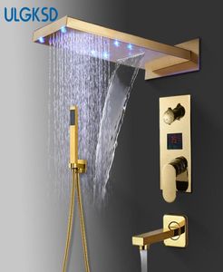 Ulgksd Bathroom Shower Faucet LED Golden Brass Waterfall Rain Shower Head Wall Mount and Cold Water Mixer Tap6493999