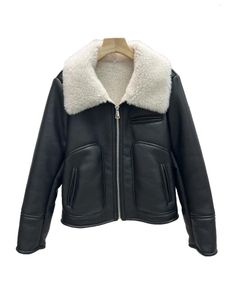 Women's Jackets Leather Jacket Lapel Short Loose Fit Lining Lambswool Splicing Design Warm And Cozy 2024 Winter 1115