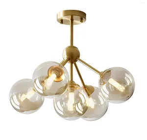 Ceiling Lights 5-Light Amber Glass Globe Chandelier Brush Gold Semi Flush Mount Modern Close To Light For Living Room Bedroom