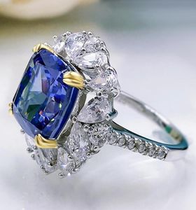 Кластерные кольца 2021 Роскош 925 Серебряная свадьба для подруги Полный углеродный бриллиант танзанит драгоценный камень Кольцо.